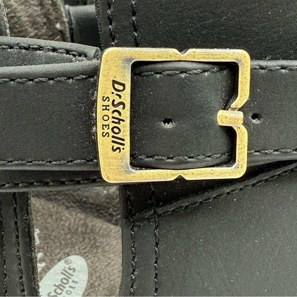 Dr. Scholl’s Literally Black Cutout Ankle Boots w/ Gold Buckle & Stacked Heel - Picture 15 of 16